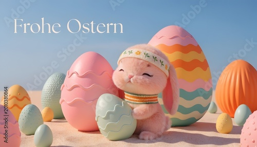 Easter bunny with decorated eggs on sandy beach during sunny day with blue sky overhead