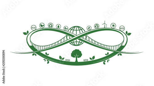Tableau sur toile Eco-Logo with Sustainable Symbols: An elegant green logo symbolizing sustainability, featuring an infinity bridge connecting a globe with eco-friendly icons and a tree at its base