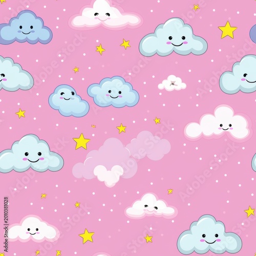 Seamless pattern with smiling cartoon clouds on pink background
