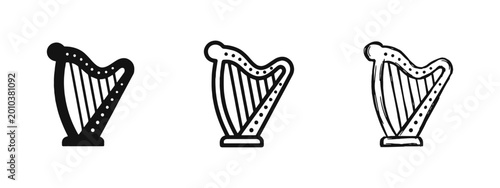 Schilderij op canvas Musical Harp Icon Set in Three Different Styles Including Hand Drawn Sketch and