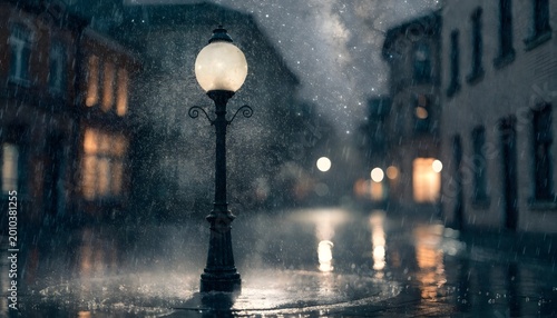 Glowing gas streetlamp in a wet cobblestone alley during a rainy night with bokeh lights