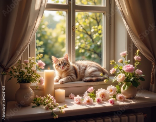 Peaceful Cat Resting by Window, Surrounded by Pastel Roses and Warm Candles