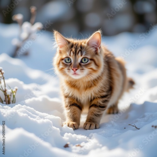 Curious Tabby Kitten Exploring Snowy Landscape in Pastel Winter Light