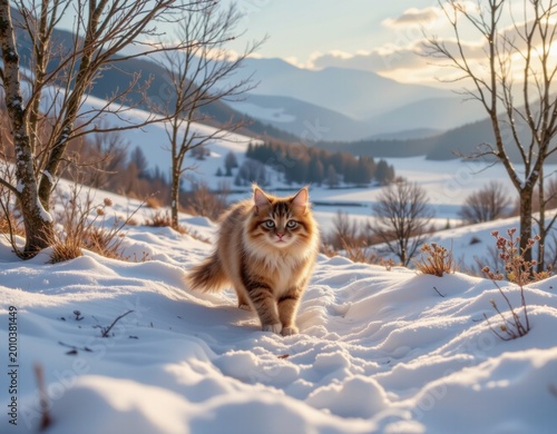 Majestic Fluffy Cat Exploring a Peaceful Pastel Winter Wonderland