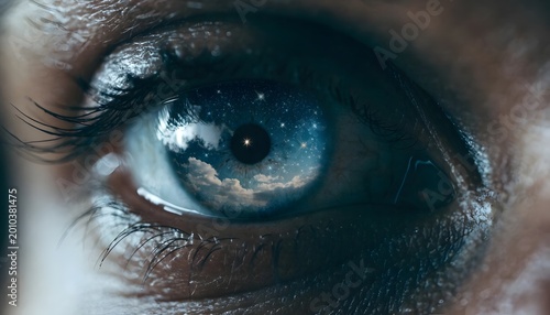 Human Eye Reflecting Starry Night Sky With Clouds Macro View Cosmic Wonder