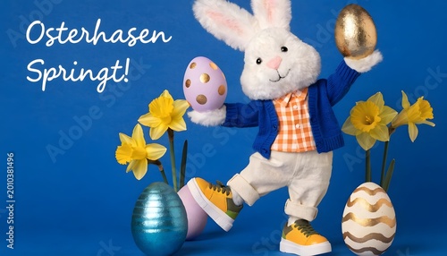 Joyful Easter bunny with decorated eggs and daffodils in bright studio lighting