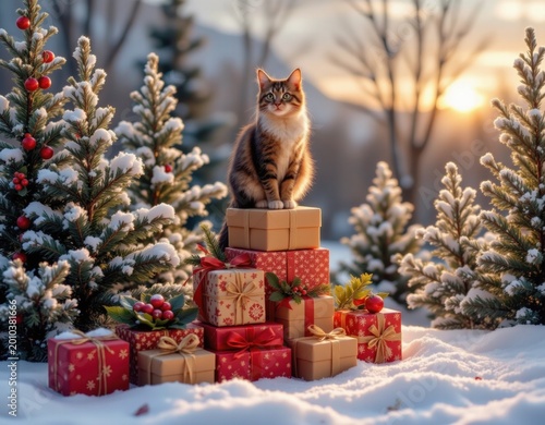 Serene Tabby Cat Sits on Snow-Covered Christmas Gifts Amidst Winter Wonderland Sunset