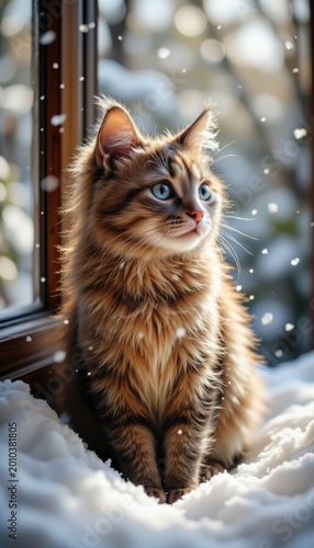 Serene Tabby Cat in Snowy Window Corner, Delicate Snowflakes Falling, Cozy Winter Atmosphere