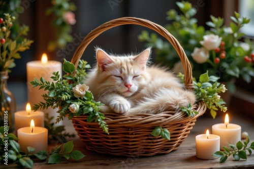 Cozy Pastel Cat Napping in Wicker Basket Surrounded by Festive Christmas Foliage and Candles