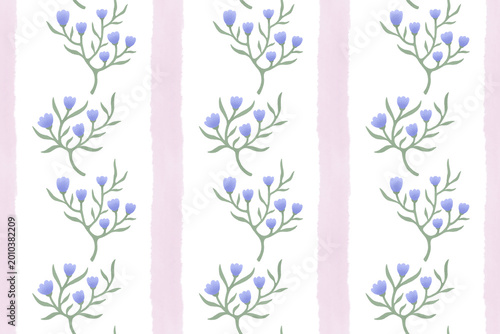 Seamless pastel floral pattern with blue wildflowers and soft pink stripes, hand drawn botanical repeat background, delicate spring summer nature design