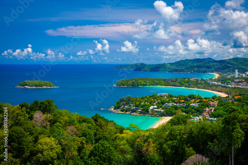 Photography Beautiful turquoise ocean waves with boats and coastline from high view point