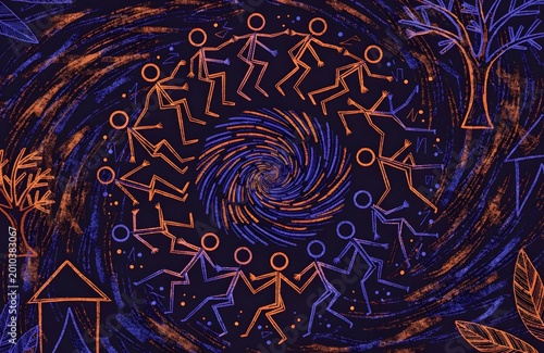 Tribal dancers in a circle around a spiral vortex with abstract trees and a house during a mystical night