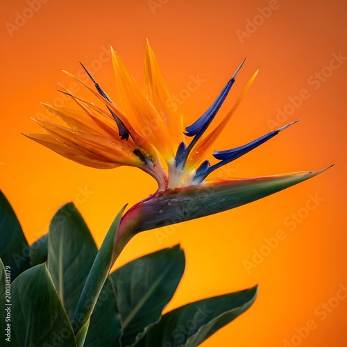 Vibrant Bird of Paradise Flower in Full Bloom Against Warm Backdrop