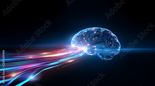 Abstract digital brain with glowing connections and vibrant data streams, representing artificial intelligence, technology, and rapid thought processing