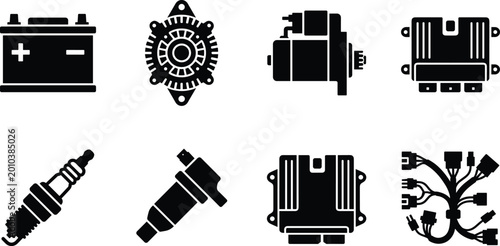 Tableau sur toile Automotive Electrical Components Solid Icon Set Featuring Car Battery Alternator