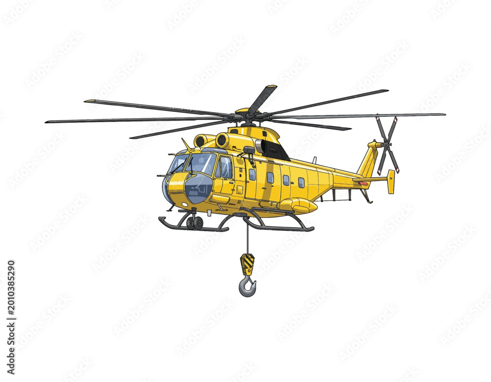 Fototapeta premium Detailed illustration of a yellow utility helicopter with a hanging hook and cargo net, ready for rescue or transport operations