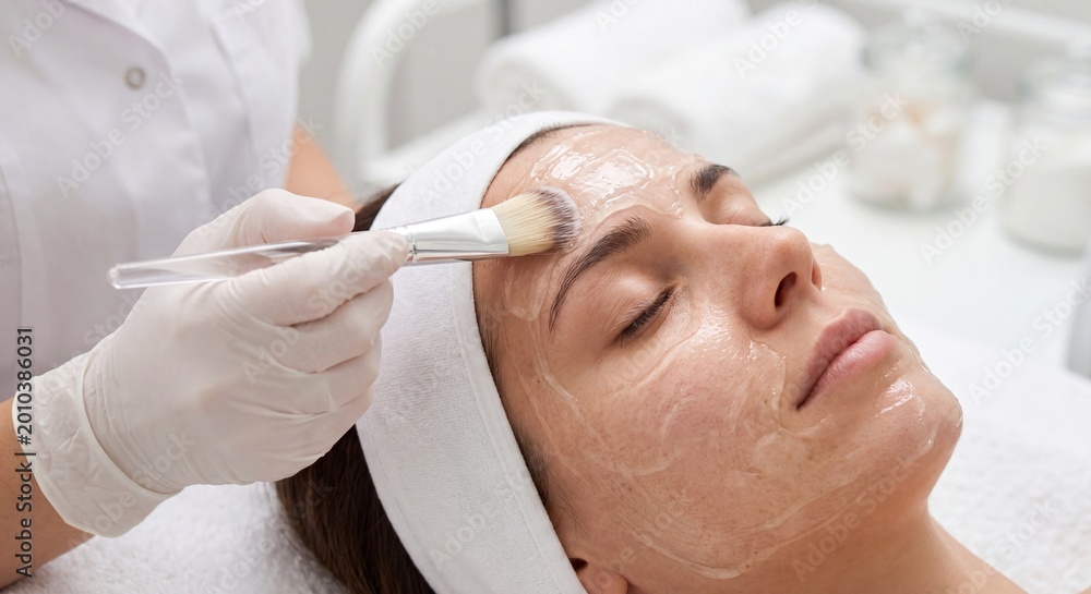 Naklejka premium Close-up Hydrating Facial Mask Application in a Wellness Clinic