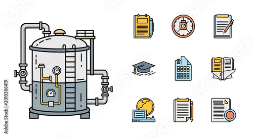 Industrial factory equipment and icons.