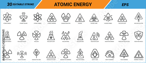 Atomic energy line art icon set. Containing nuclear plant, radiation warning, hazard symbol, reactor, toxic sign, safety shield, atomic structure, danger alert, and more. Vector graphics.