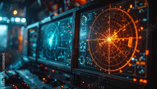 Vintage Military Radar Screen Displaying Glowing Targets In Dark Room