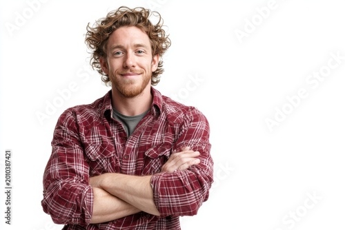 Portrait of a merry caucasian man in his 20s with arms crossed on white background