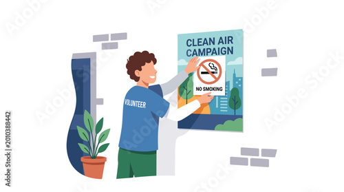 Person Attaching Clean Air Campaign Poster.