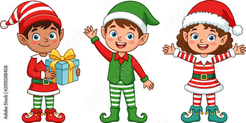 Tableau sur toile Cute Christmas Elf Character Set Featuring Happy Holiday Helpers with Gift Box a