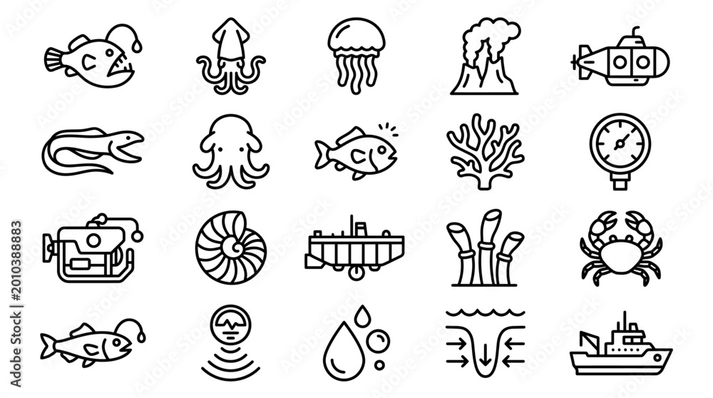 Fototapeta premium Collection of marine and ocean-themed icons, including sea creatures, underwater vehicles, and geological formations