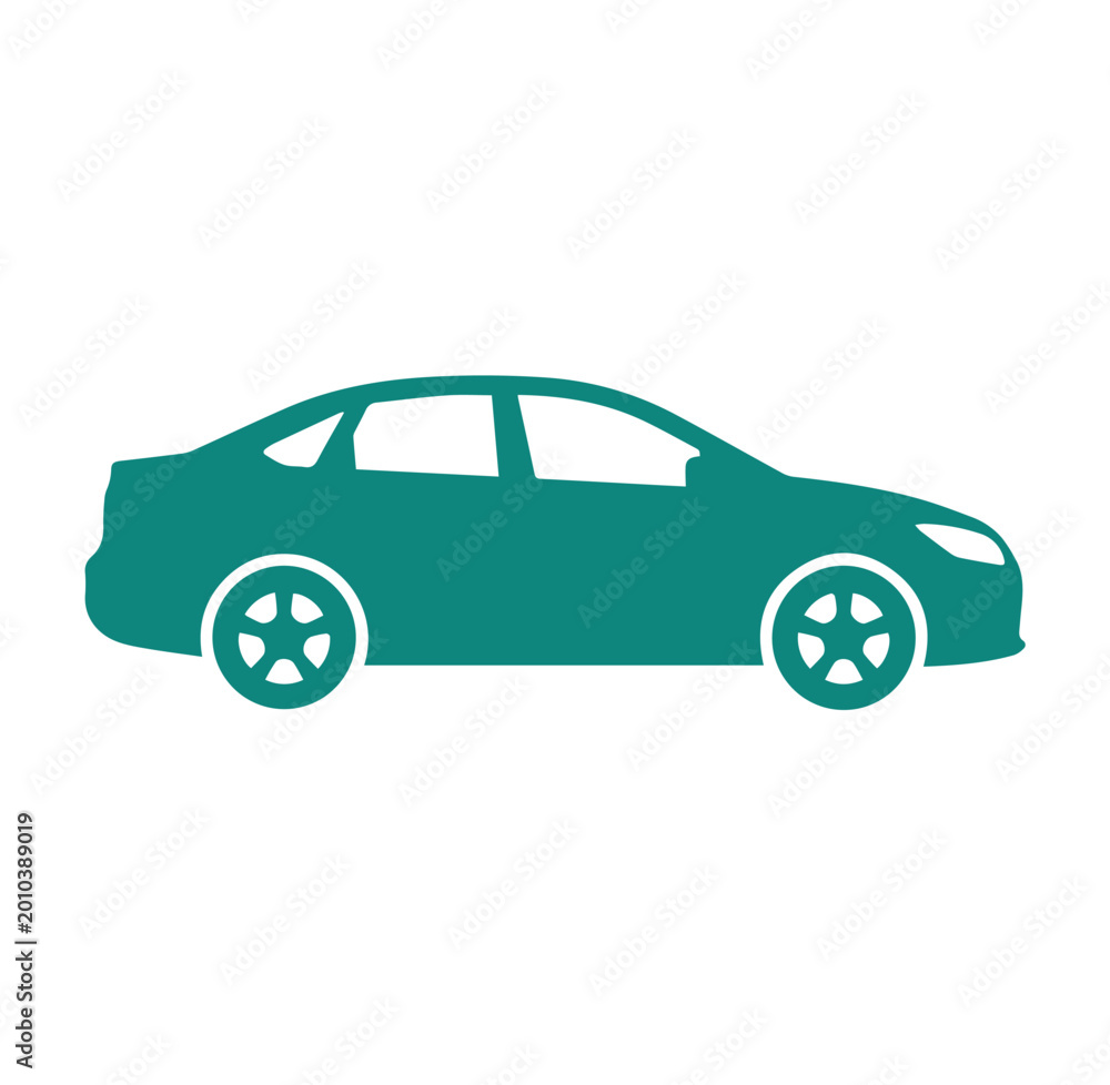 Fototapeta premium Minimalist sedan car side profile silhouette vector icon with automobile
