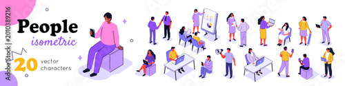 People in office bundle set. Business characters communicating, using smartphones, laptops. Vector isometric illustration isolated.

