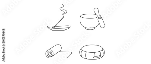 Personal meditation and relaxation tools vector icon set featuring an incense stick holder, metal singing bowl, rolled yoga mat and round meditation cushion collection of 4 icons for wellness.