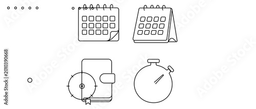 Lifestyle task scheduling vector icon set with editable stroke showcasing spiral wall calendar, desk calendar, leather planner, and analog stopwatch collection of 4 icons for productivity.