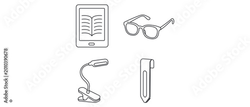 Modern collection of 4 icons for digital reading setup with e-ink book reader, reading glasses, clip light, and metal page marker featuring editable stroke and minimalist thin line vector style.