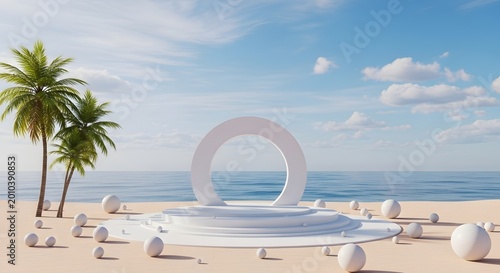 3d podium display with palm trees on a sunny tropical beach background