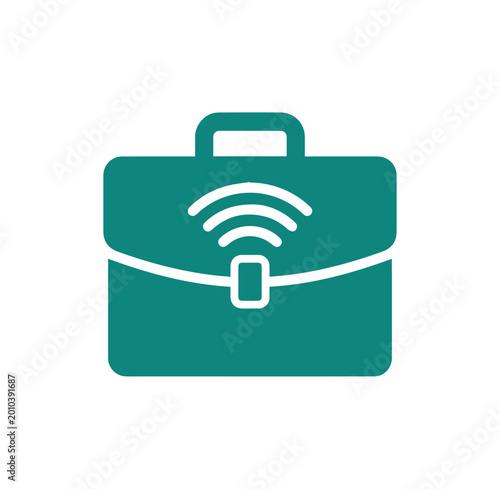 Green connected briefcase icon with wi-fi signal symbol for digital business