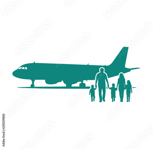 Green silhouette illustration of family traveling by airplane with airplane