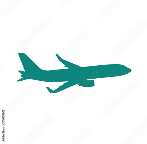 Teal airplane silhouette icon for travel and aviation with blue green, airplane