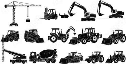 Bilde på lerret Professional Construction and Agricultural Machinery Silhouette Set Featuring To