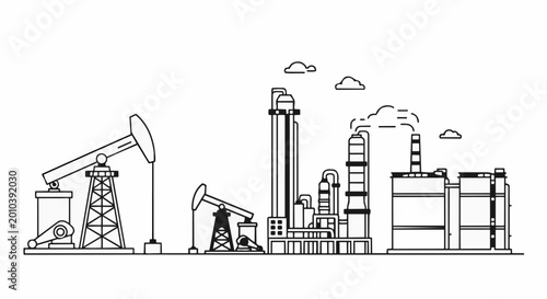 Photos Industrial Oil Extraction and Refinery Landscape Illustration.