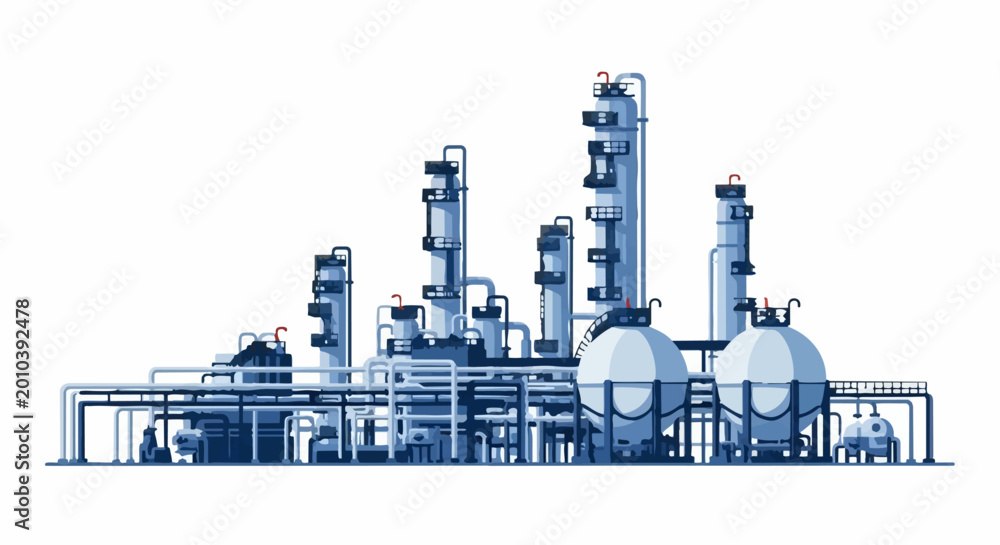 Naklejka premium Industrial Chemical Plant with Towers and Tanks.