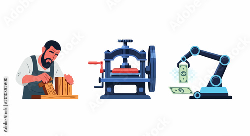 Фотография Industrial evolution from manual labor to automated machinery and financial gain