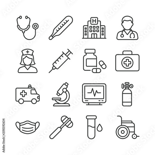 Healthcare and medical service vector icons including stethoscope and thermometer