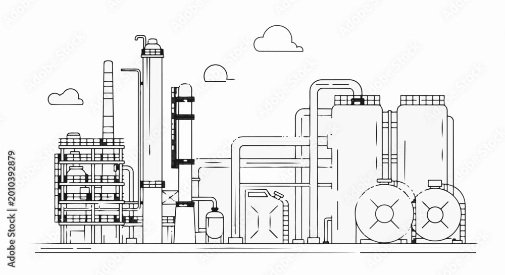 Naklejka premium Industrial Factory Building with Pipes and Tanks Line Art.