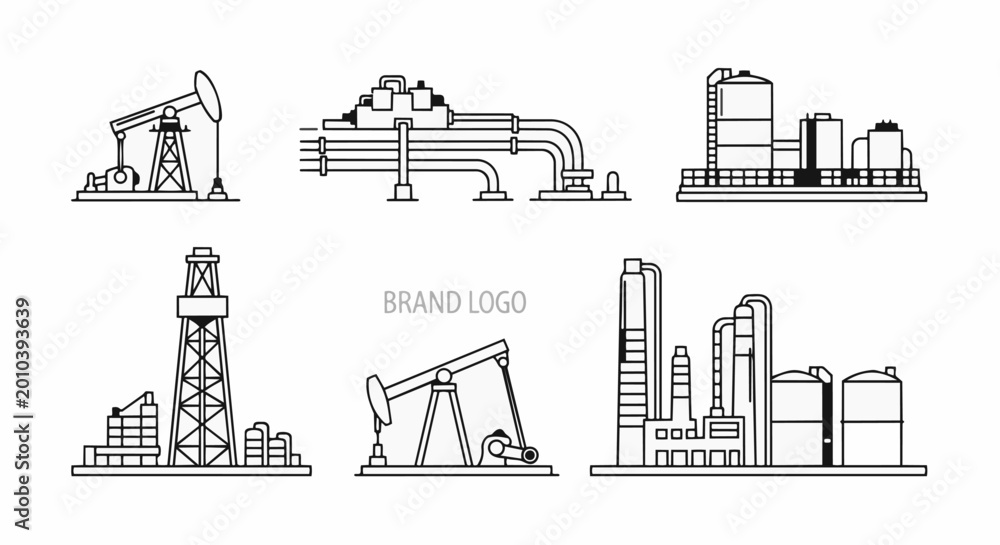 Fototapeta premium Industrial oil and gas extraction and processing facilities illustration.