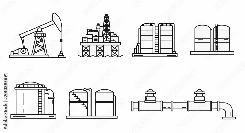 Naklejka premium Industrial Oil and Gas Extraction and Storage Icons.