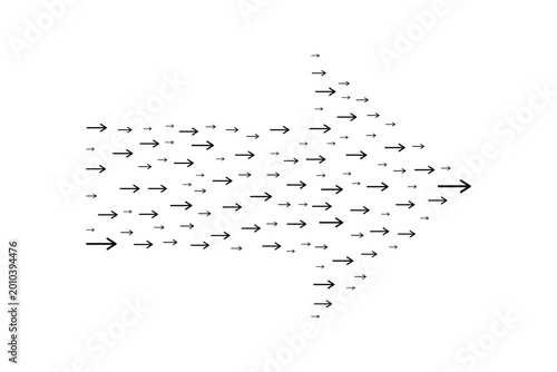 Konstfotografi Arrow shape built from scattered black arrow icons on transparent background