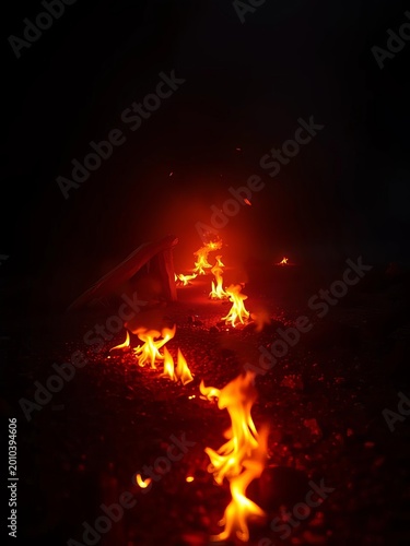 Warm flames dance across the darkness, illuminating a path of tranquility, serenity, campsite