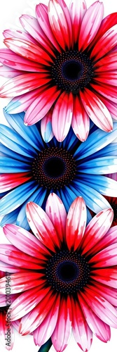 Whimsical watercolor daisies with red and blue centers, ||daisies, yellow