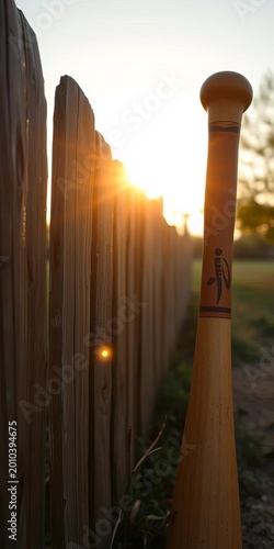 Golden evening light shines on a weathered baseball bat leaning against a rustic wooden fence, brown, evening