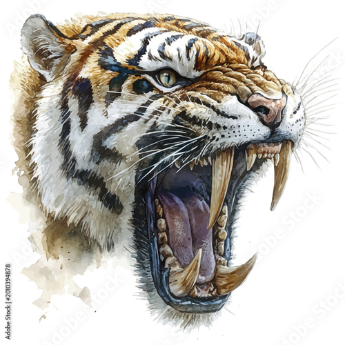 Photography Saber-toothed Tiger, elegant watercolor illustration luminous highlights, isolated on a white background